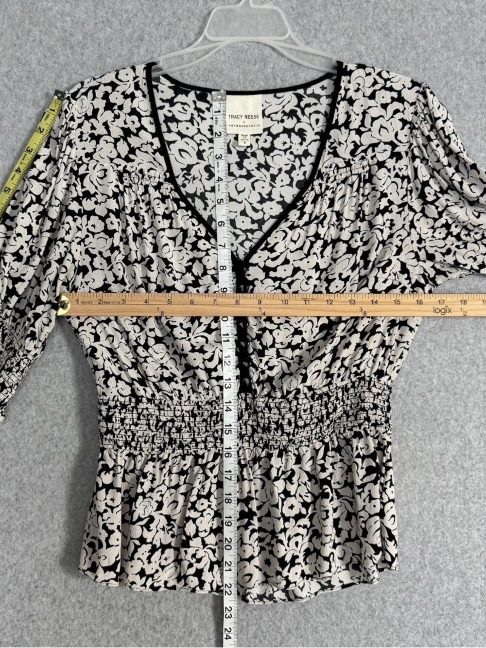 Tracy Reese x Anthropologie Floral Peplum Blouse Black Cream Smocked Waist Small - Picture 12 of 15